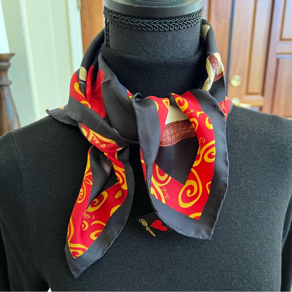 Brighton Silk Small Scarf w/Purse Shoes Jewelry Print Black Multi-Color 21x21"
